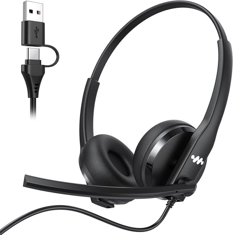 Necode USB Headset with Microphone for PC，Wired Computer Laptop Headset with Noise Cancelling Microphone, Work Headphones with Mic for Home Office Teams Zoom (USB-A&C)-Black - Image 1